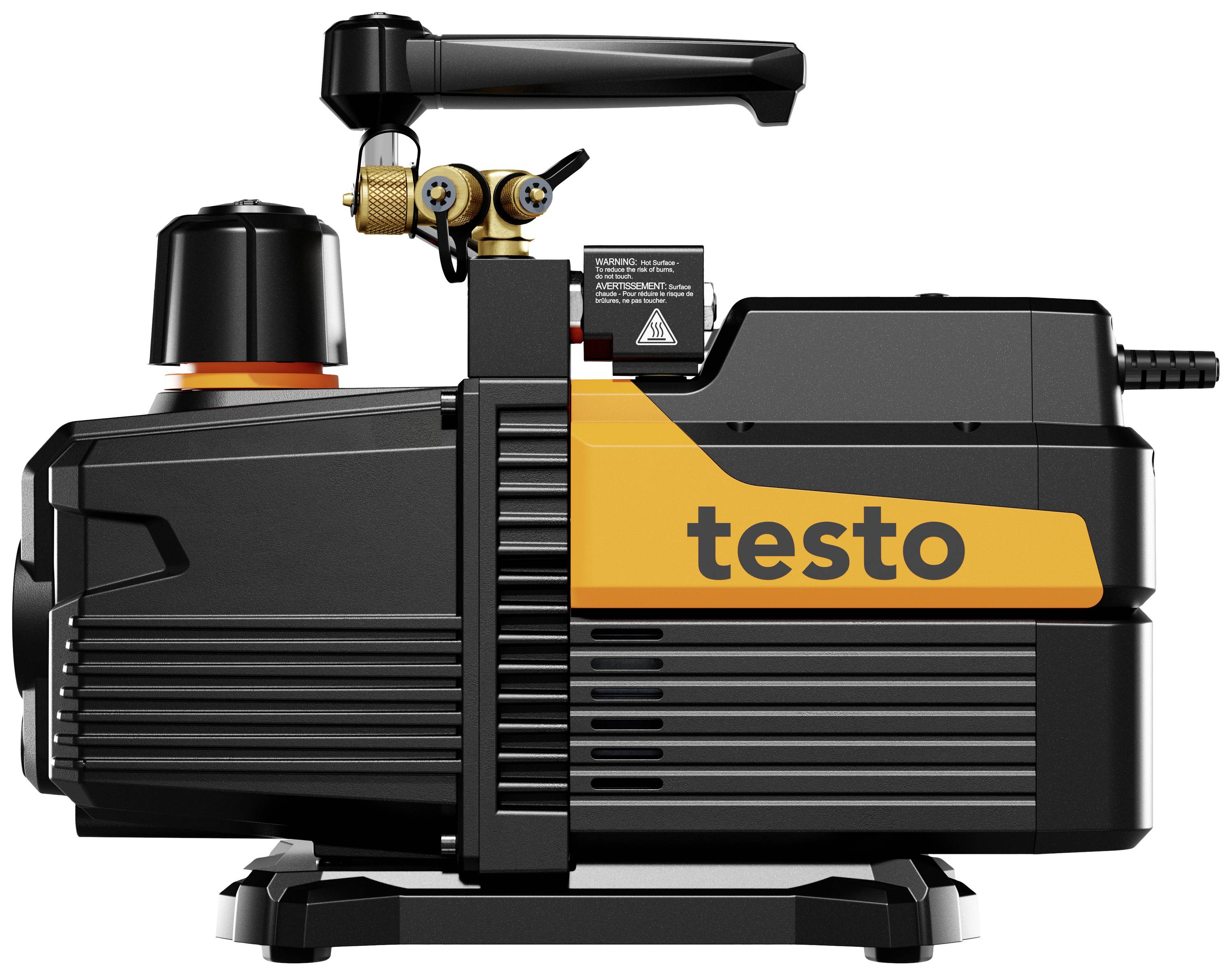 Pompe à vide avec boîtier noir et logo orange 'testo', équipée d'éléments de commande et d'indicateurs de mesure sur le dessus.