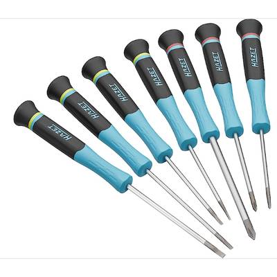 Un ensemble de sept tournevis de précision en bleu et noir avec différents types de pointes, disposés côte à côte.