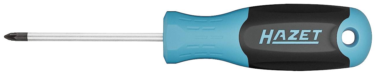 Tournevis cruciforme de la marque Hazet avec manche bleu et noir et embout métallique, orientation horizontale.