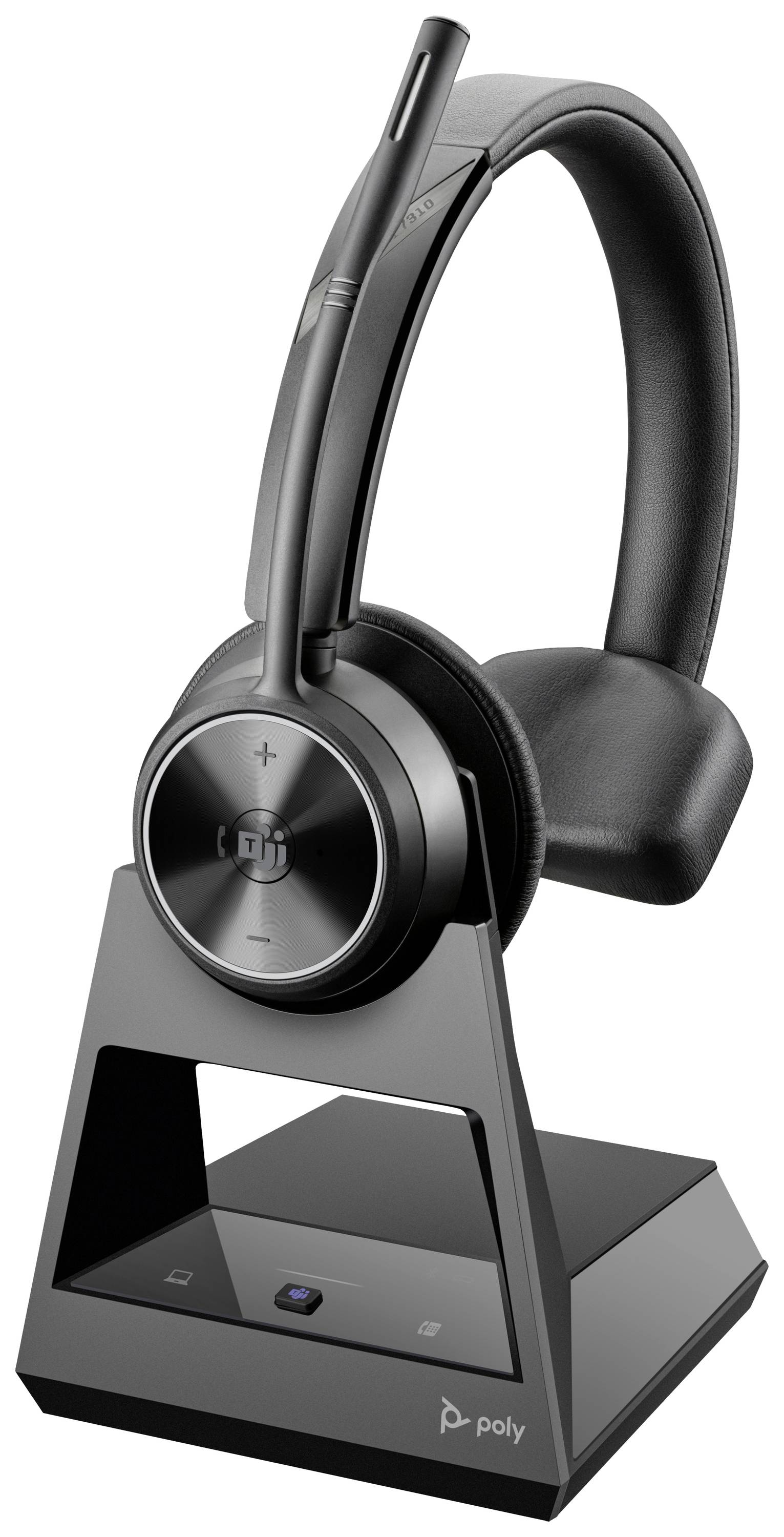 Casque sans fil dans sa station de charge. Le casque dispose de grands coussinets d'oreille et de boutons de commande sur le côté. La station est noire.