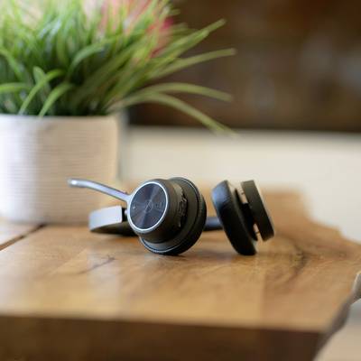 Un casque sans fil avec microphone est posé sur une table à côté d'une plante d'intérieur.