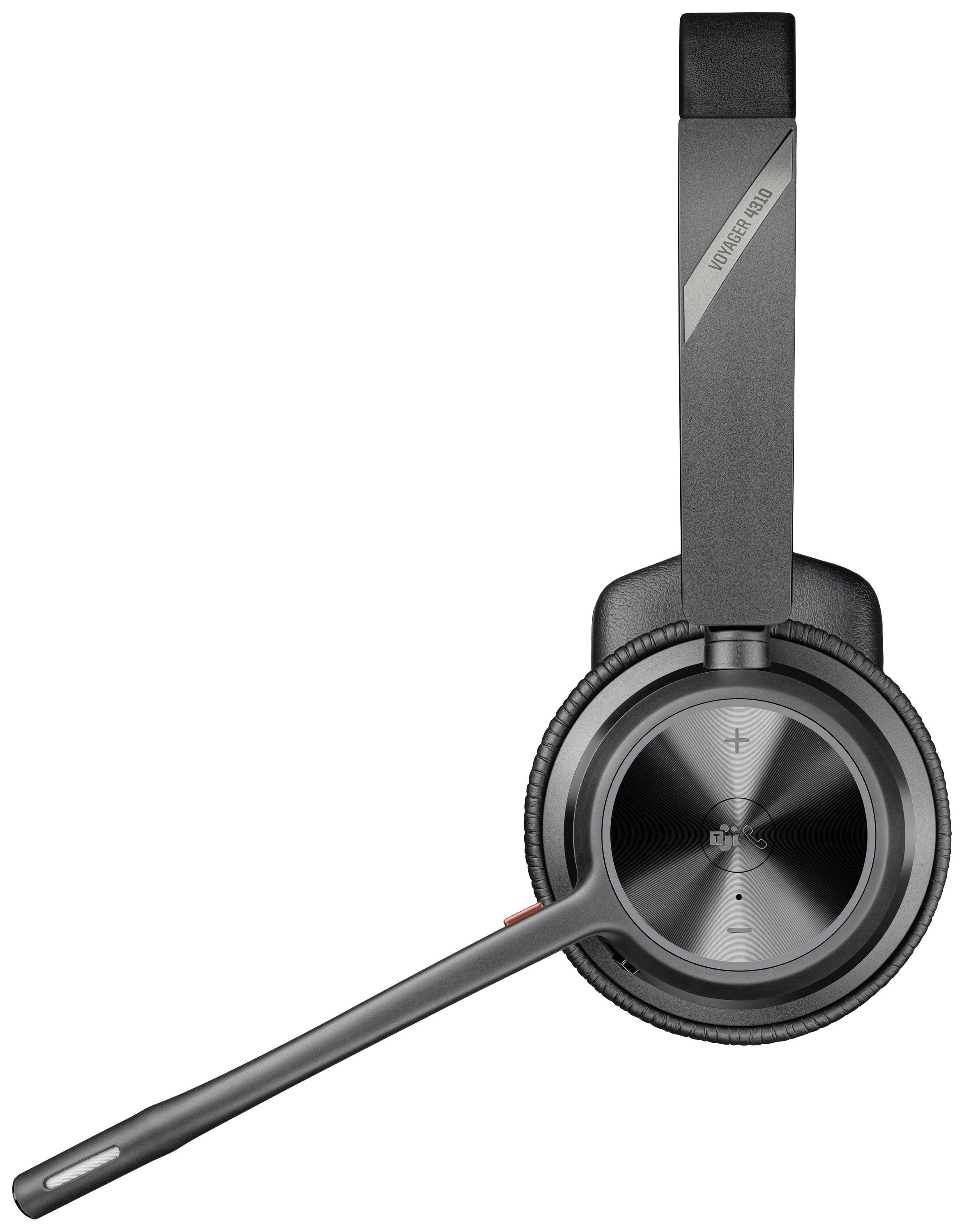 Casque noir sans fil avec perche microphone, focalisé sur le côté droit de l'écouteur avec des touches de contrôle.