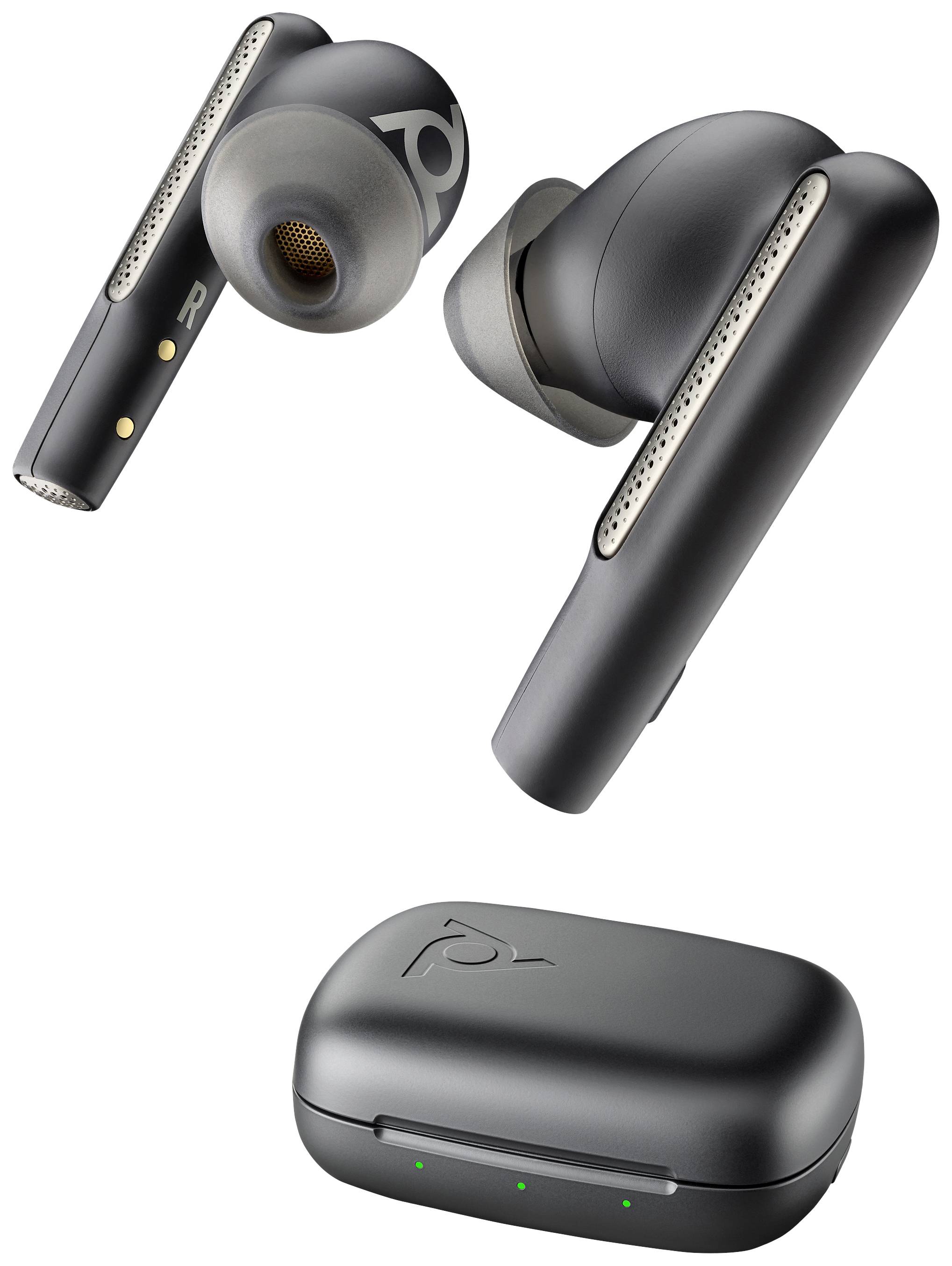 Écouteurs sans fil intra-auriculaires noirs avec étui de charge. Les écouteurs présentent un design élégant et fin, et sont marqués des lettres « R » et « L ».