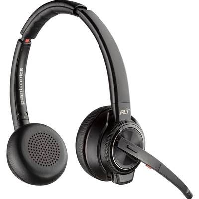 Casque sans fil noir avec microphone, adapté pour les appels téléphoniques et la musique. Marquage 'plantronics' sur le côté.
