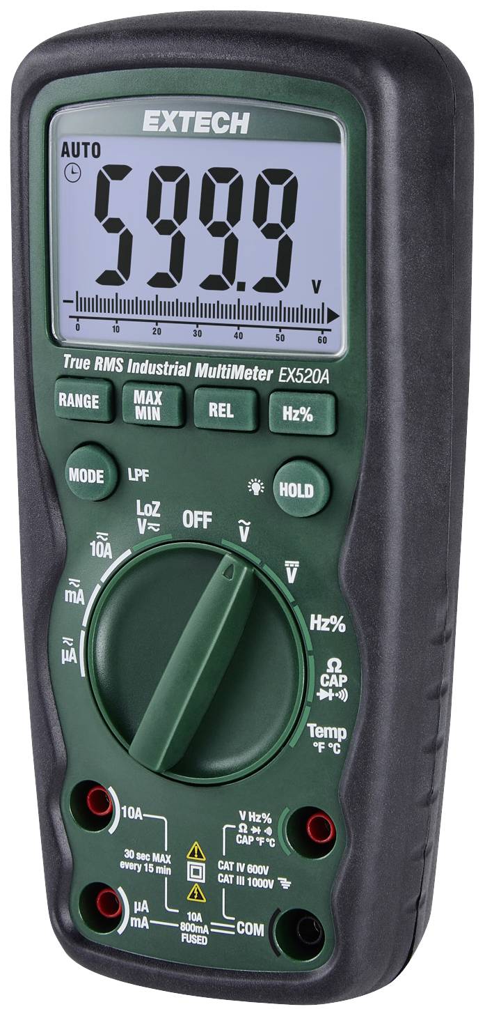 Le multimètre numérique 'EXTECH EX520A' affiche 599,9 V sur un grand écran. Les fonctions et les plages de mesure sont sélectionnables via un commutateur rotatif.