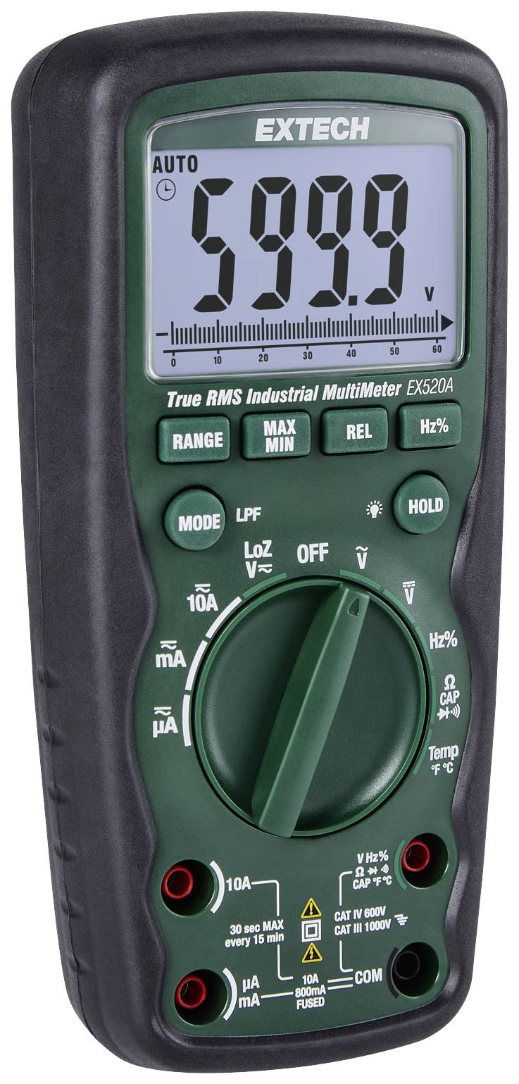 Multimètre numérique avec grand affichage indiquant '599.9 V'. Fonctions : mesure de tension, sélection de gamme, touche Hold, True RMS.