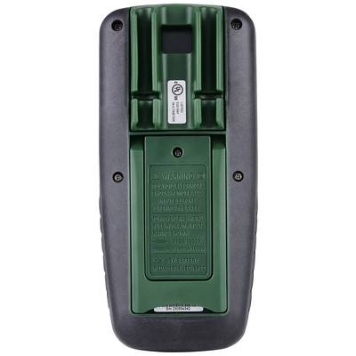 Vue arrière d'un appareil électronique vert avec un compartiment à batterie et des avertissements. Comprend des spécifications techniques relatives à la consommation électrique.