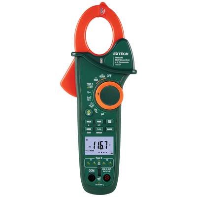 'Pince ampèremétrique avec affichage numérique indique une valeur de mesure de 116,7 AC. L'appareil est équipé d'une grande pince de préhension orange en haut.'