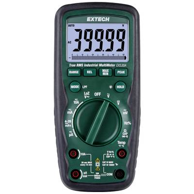 Multimètre Extech True RMS, affiche '399,99'. Il propose différentes options de mesure et de fonctions comme la tension et l'intensité du courant.