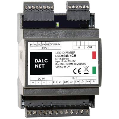 Variateur LED de DALCNET avec référence modèle DLD1248-4CH, compatible DALI ou DMX, entrée : 0/1-10V, pour tension continue d'entrée 12-48V.