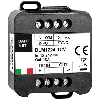 Boîtier de commande noir de marque DALCNET, modèle DLM1224-1CV, pour entrée 12-24 V et sortie 10A, avec bornes de connexion et marquage CE.