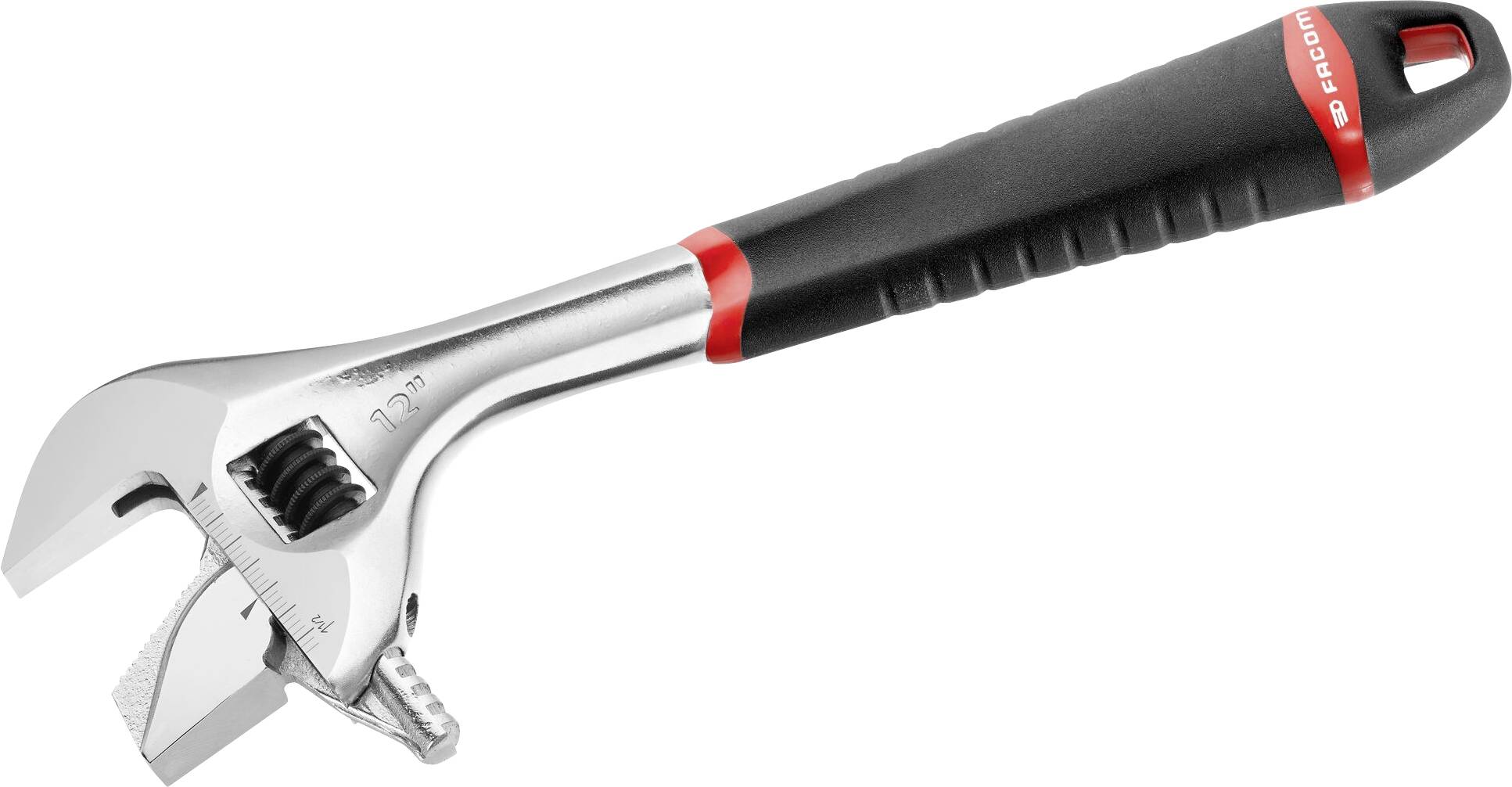 Clé à molette réglable avec poignée noire et rouge, tête en argent graduée, adaptée pour serrer ou desserrer des écrous et des boulons.