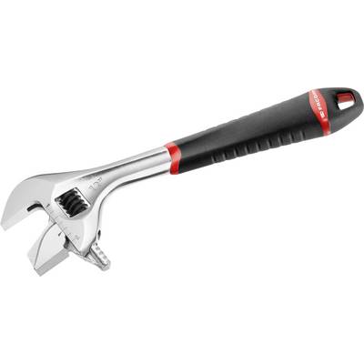 Clé à molette réglable avec poignée noire et rouge, tête en argent graduée, adaptée pour serrer ou desserrer des écrous et des boulons.