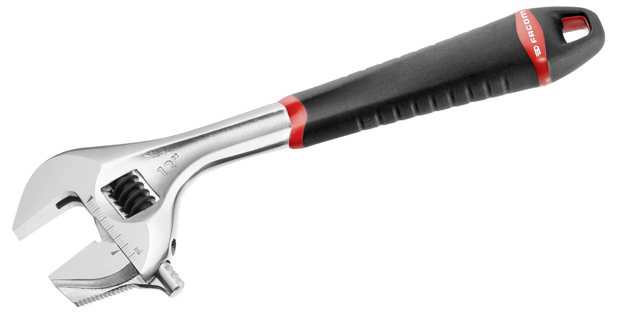 Clé à molette ajustable avec poignée noire et accent rouge, adaptée à différentes tailles de vis.