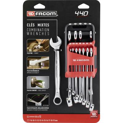 Coffret de 12 clés mixtes de la marque Facom, modèle 440. Présenté dans un étui. Tailles allant de 7 à 19 mm.