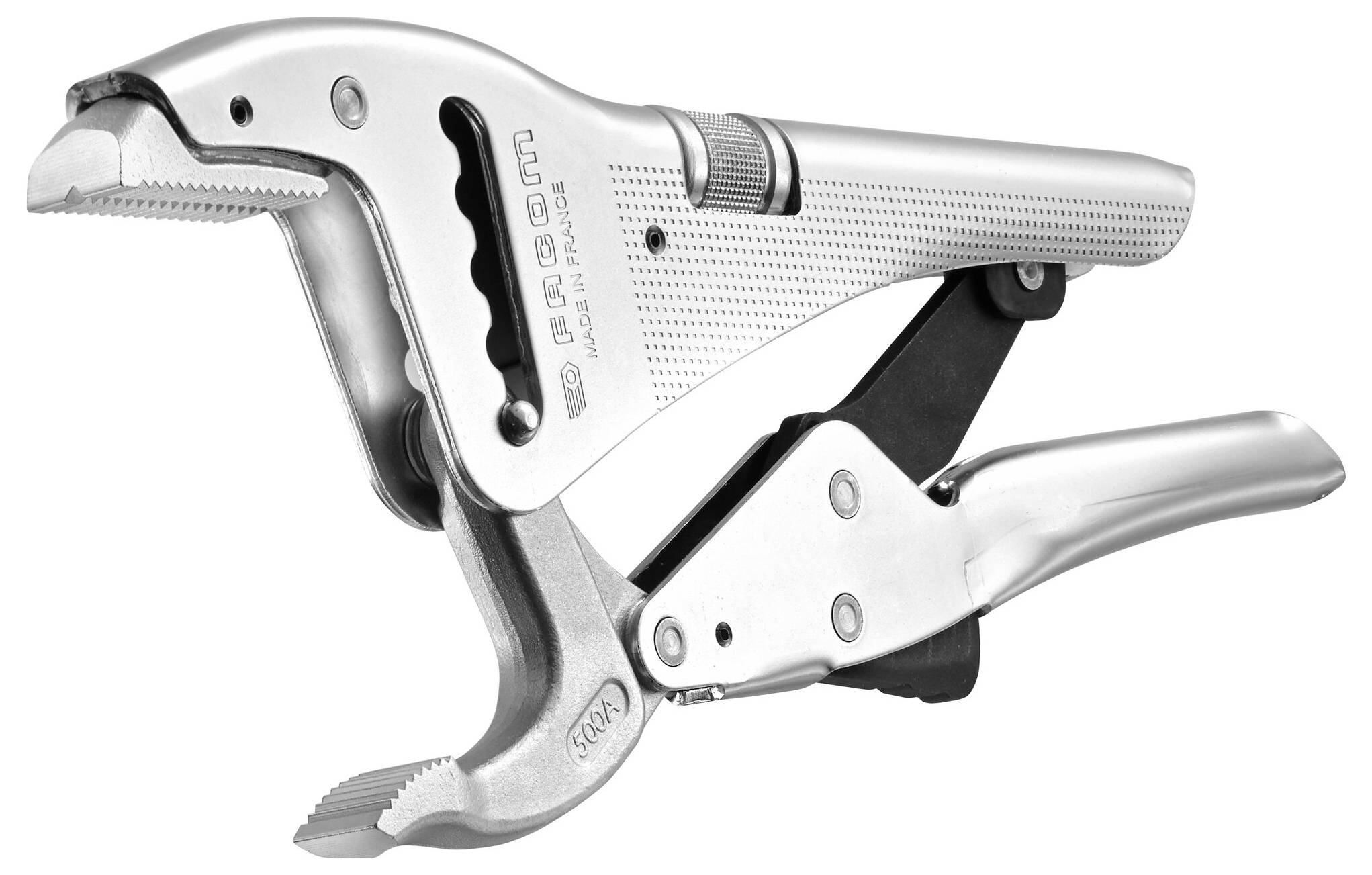 Une pince de serrage argentée avec des poignées cannelées et une vis réglable pour ajuster l'écartement. Elle est fabriquée en métal et convient à des travaux manuels.