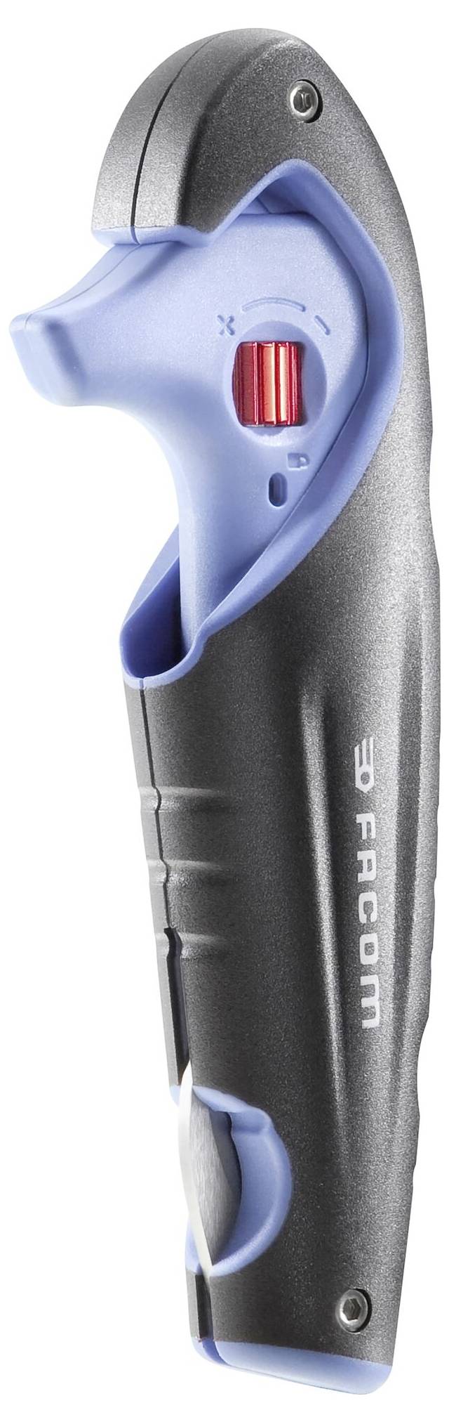 Un outil de coupe noir avec une poignée bleue et une molette de réglage rouge, utilisé pour dénuder les câbles, de la marque Facom.