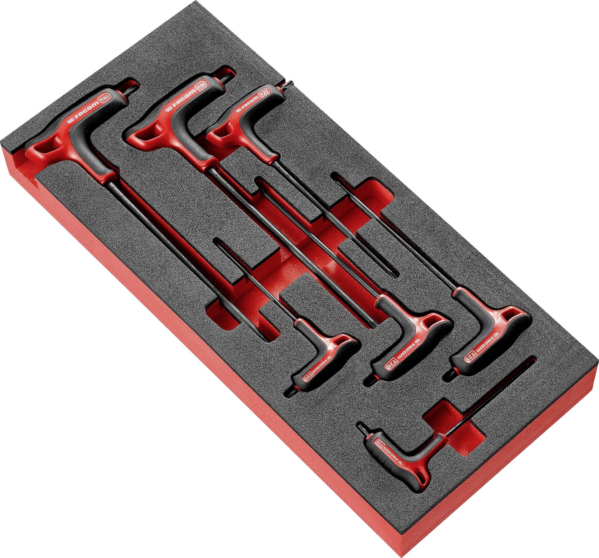 Un ensemble de neuf clés hexagonales à poignée en T rouges de différentes tailles, soigneusement rangées dans un support en mousse.