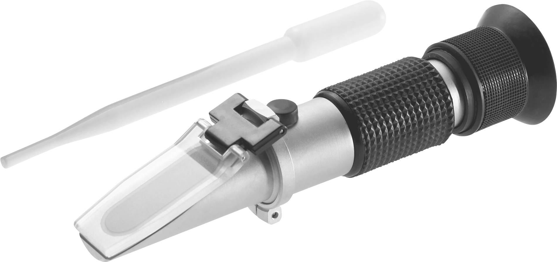 Un réfractomètre avec une pipette, utilisé pour déterminer l'indice de réfraction des liquides, sur un fond blanc.
