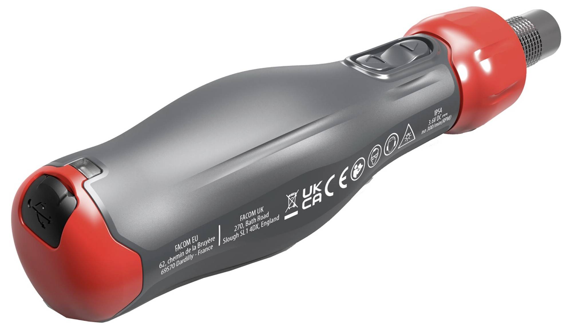 Tournevis électrique avec des détails rouges et gris ; doté de commandes et de certifications de sécurité sur sa surface.