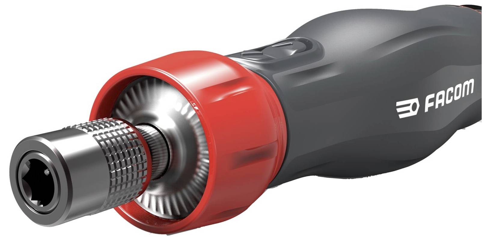 Tournevis électrique Facom à boîtier rouge et noir, adapté pour des vissages précis.