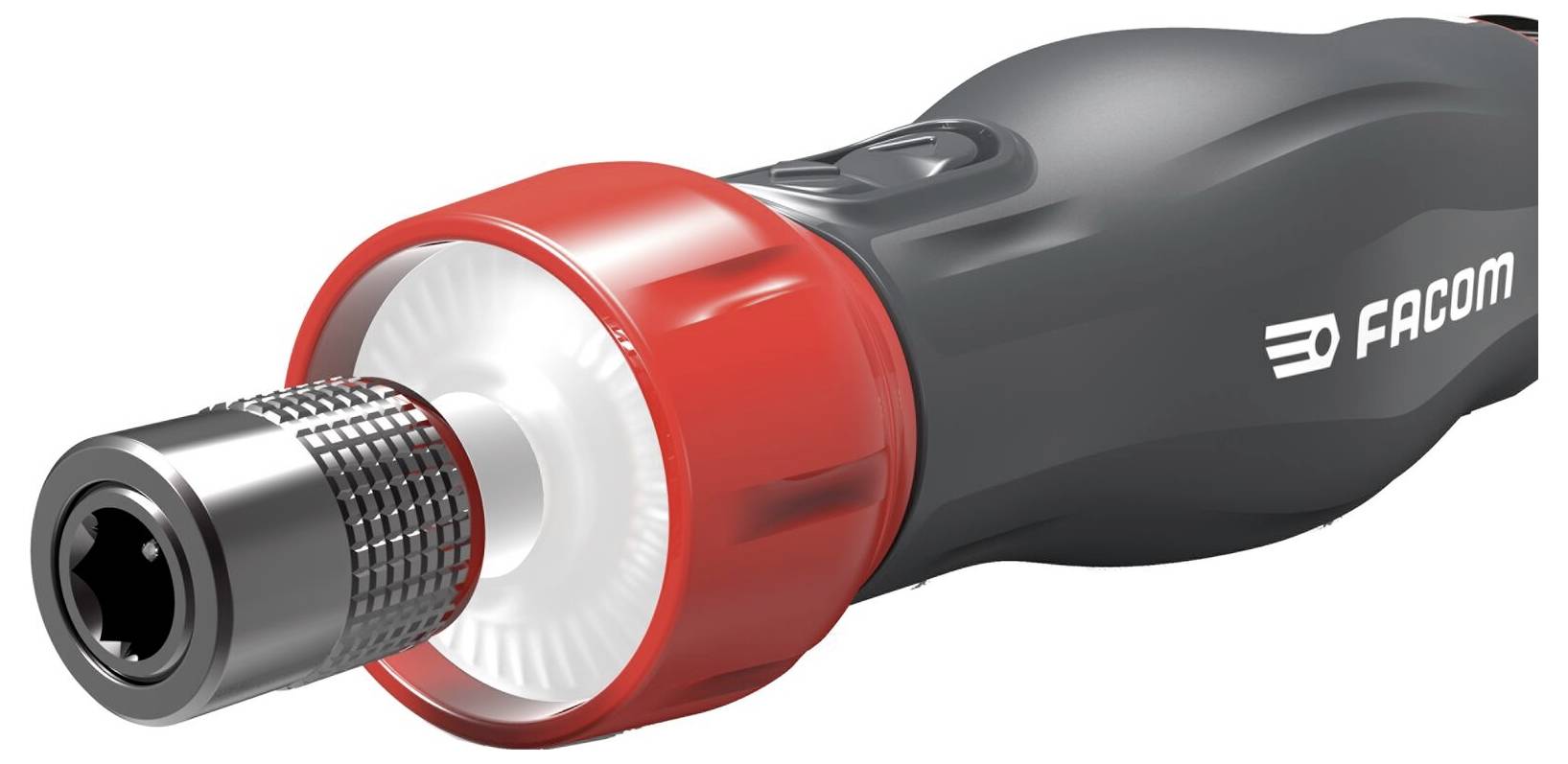Visseuse sans fil avec poignée ergonomique, bague de couple rouge et embout de vissage. Logo de marque 'FACOM' sur le boîtier.