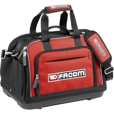 Sacoche à outils rouge et noire avec logo 'FACOM', équipée de plusieurs fermetures à glissière et compartiments, design robuste, avec bandoulière fixée.