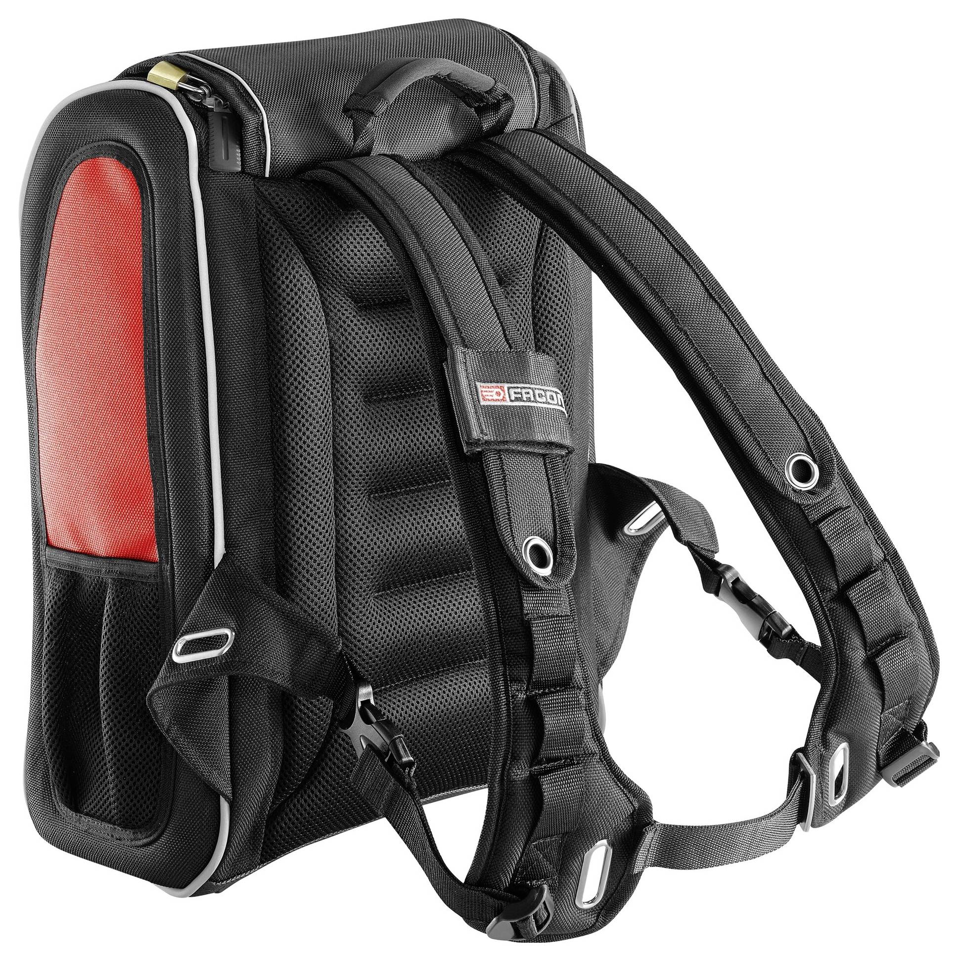 Sac à dos noir avec poches latérales rouges et sangles d'épaules rembourrées, adapté aux activités de plein air et aux voyages.