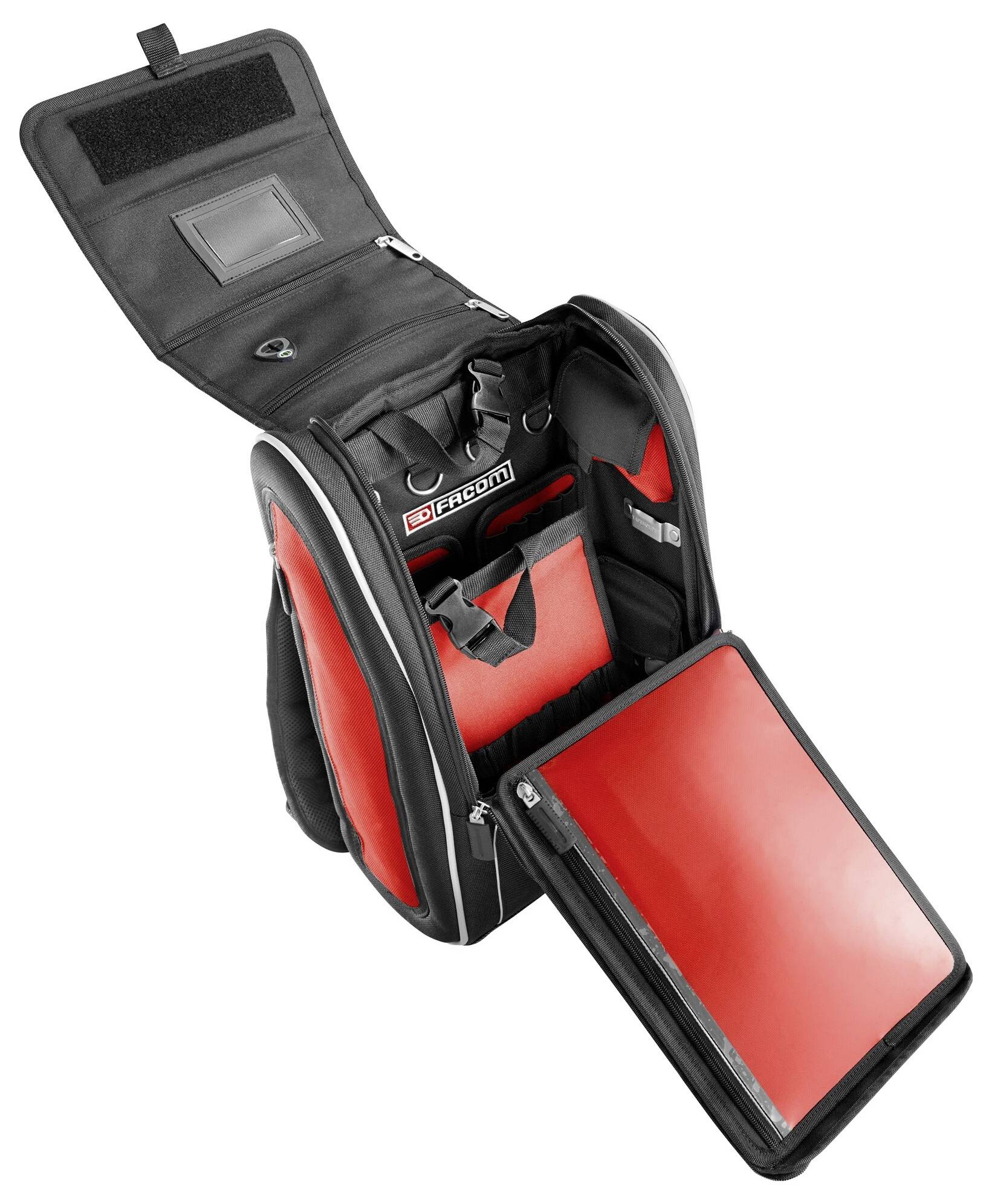 Sac à dos pour ordinateur portable noir et rouge avec compartiment principal ouvert, support pour ordinateur portable et sangles d'épaule. Idéal pour un transport en toute sécurité.