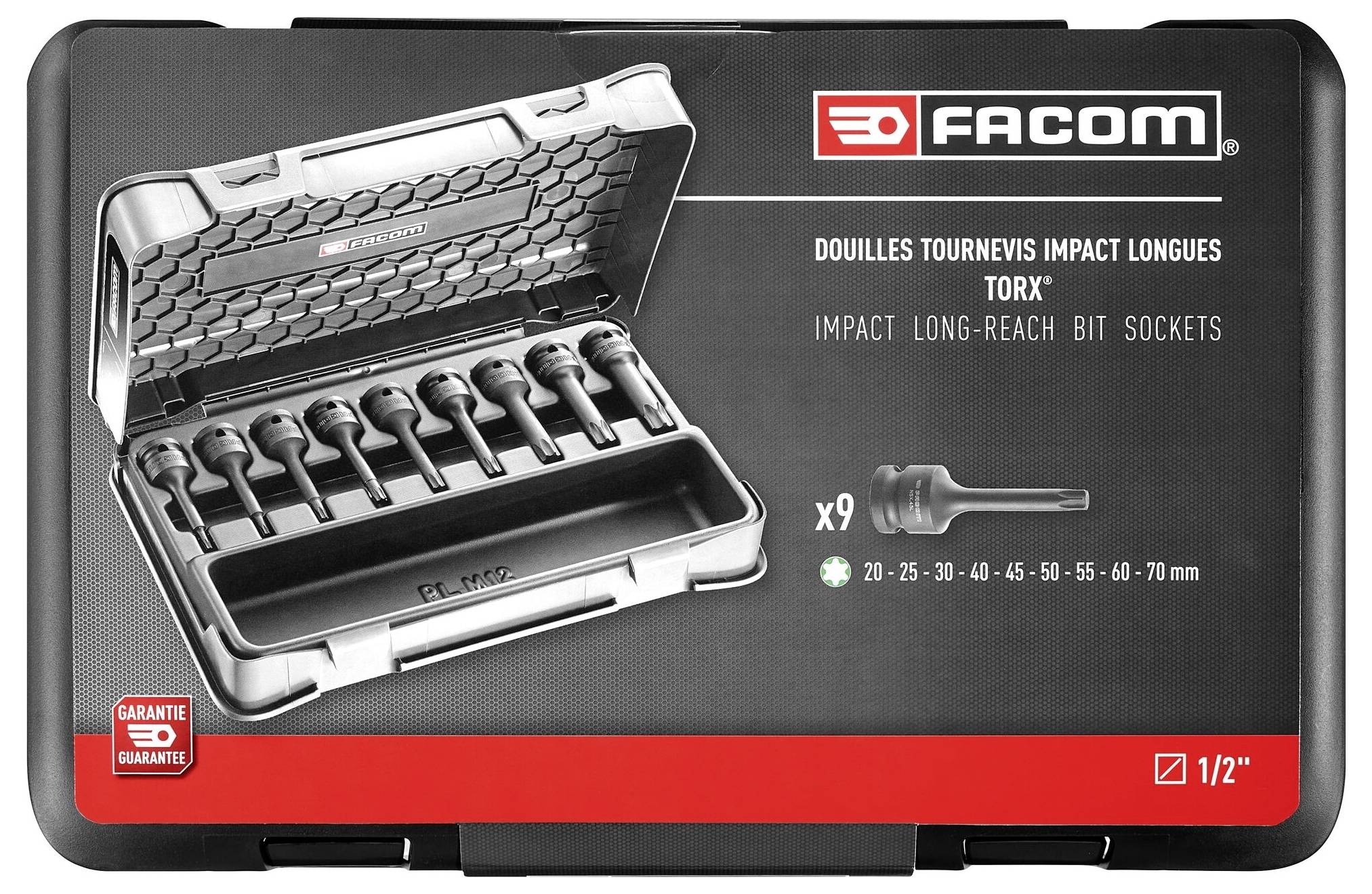 Un coffret à outils noir contenant neuf embouts Torx longs. Inscription 'Impact Long-Reach Bit Sockets'. Tailles de 20 à 70 mm.