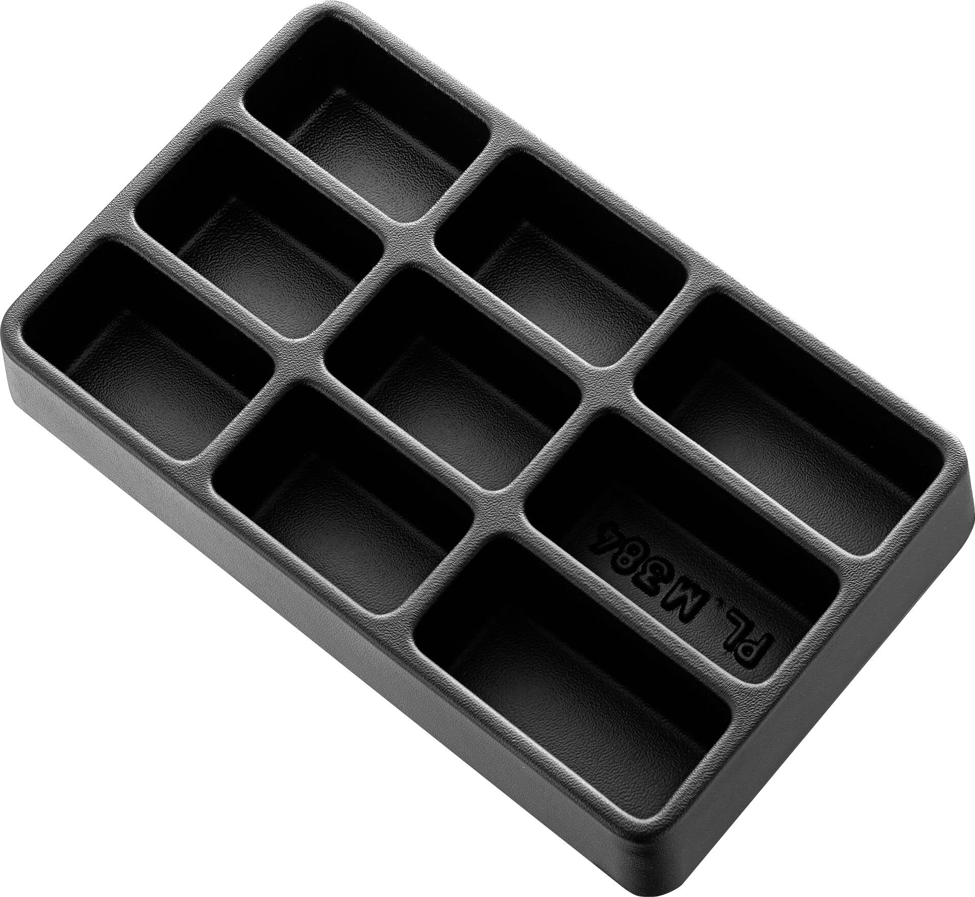 Plateau en plastique noir avec neuf compartiments rectangulaires pour l'organisation de petits objets.