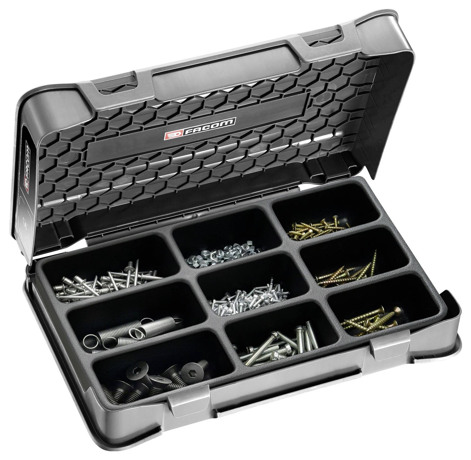 Une boîte à outils ouverte à neuf compartiments, remplie de vis et de clous de différentes tailles et couleurs.