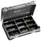 Une boîte à outils ouverte à neuf compartiments, remplie de vis et de clous de différentes tailles et couleurs.