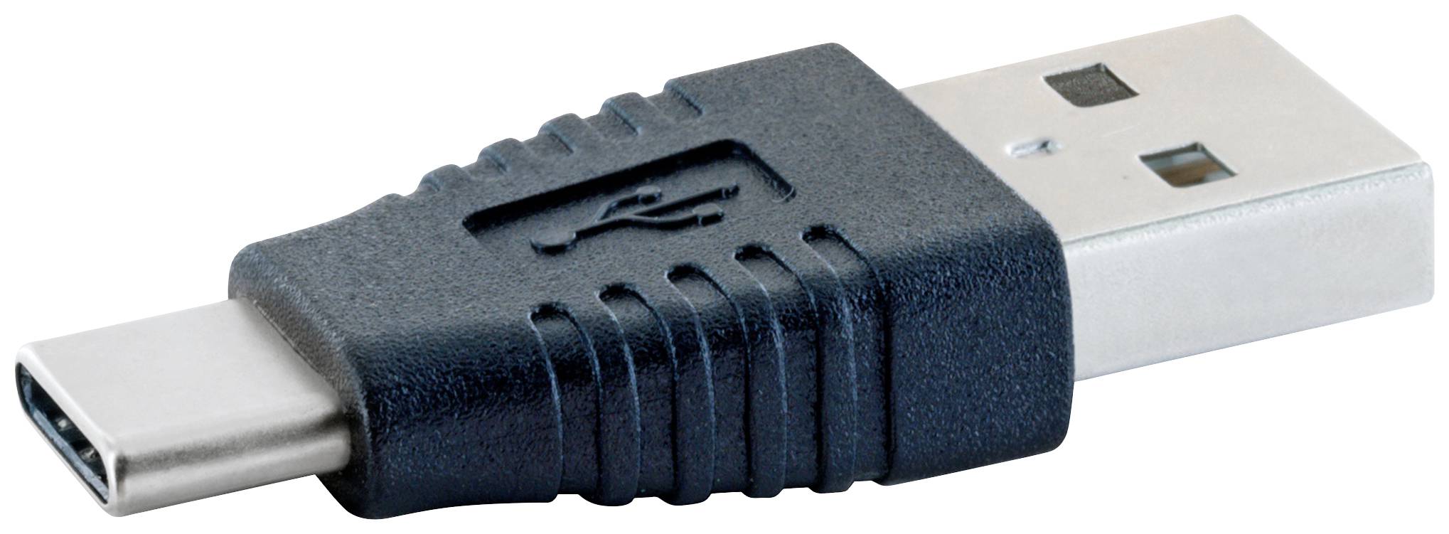 Un adaptateur avec une fiche USB-A vers une fiche USB-C en noir et argent ; utile pour connecter des appareils avec des ports différents.