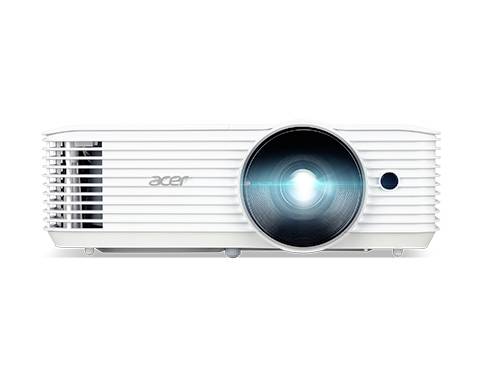 Un projecteur blanc avec un objectif lumineux, le logo Acer sur le côté, sur un fond blanc.