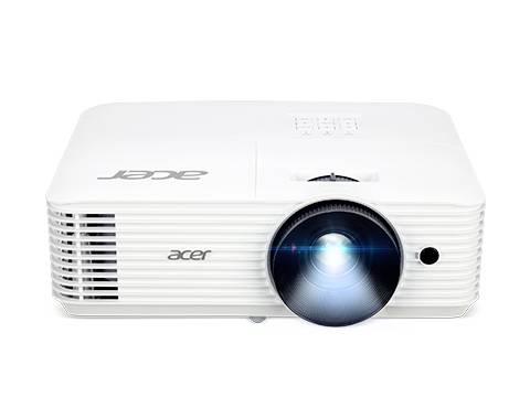 Projecteur blanc de marque Acer avec objectif lumineux. L'appareil est posé sur une surface plane, prêt à être utilisé pour des présentations.