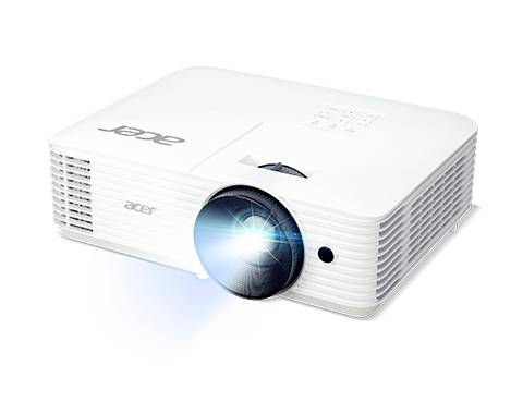 Projecteur multimédia blanc, vue de côté avec objectif illuminé, adapté aux présentations et aux applications de home cinéma.