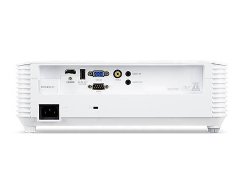 Vue arrière d'un projecteur blanc avec plusieurs ports, comprenant des connexions HDMI, USB, VGA et des ports audio, ainsi qu'une prise d'alimentation secteur.