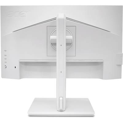 Vue arrière d'un écran d'ordinateur blanc avec socle, nom de la marque visible en haut à gauche.
