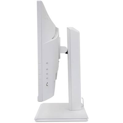 Vue latérale d'un écran d'ordinateur blanc posé sur un large socle, sans contenu visible sur l'écran.