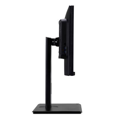 Vue latérale d'un écran d'ordinateur sur un support, l'écran orienté vers la droite. L'écran est fin et noir.