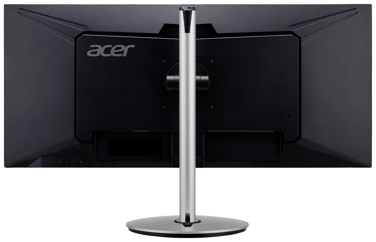 Un moniteur noir Acer vu de dos, monté sur un support en argent.