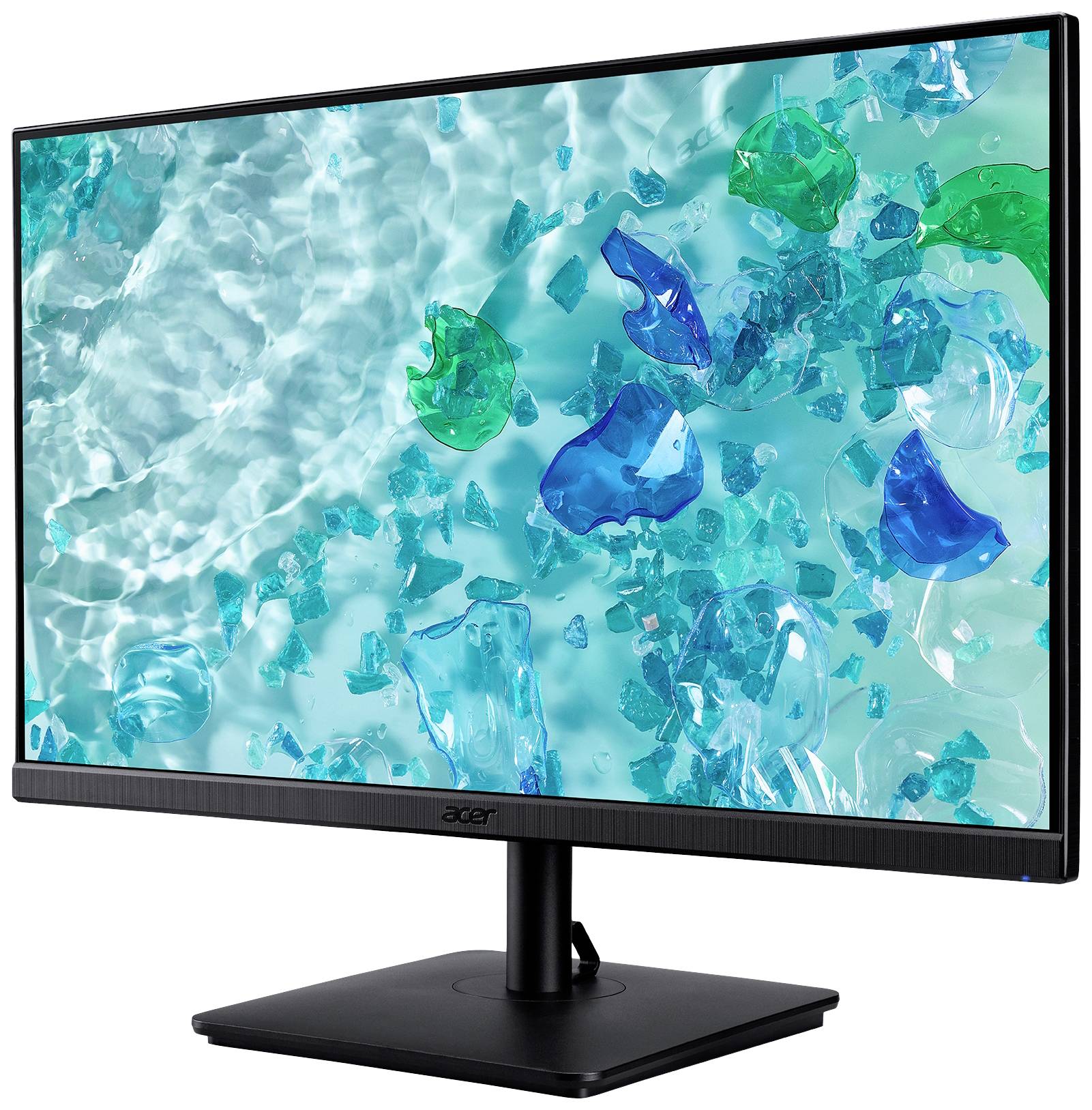 Un écran d'ordinateur Acer avec un arrière-plan abstrait et coloré composé de formes bleues et vertes sur un fond clair.