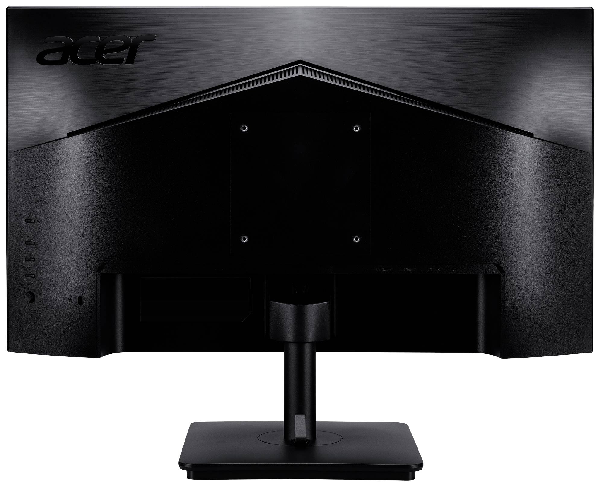 Vue arrière d'un écran Acer au boîtier noir avec support réglable. Logo de la marque visible en haut à gauche.