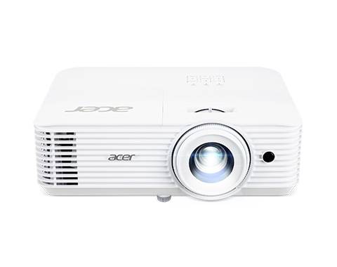 Un projecteur d'Acer, blanc, avec un boîtier ventilé et un objectif sur le côté droit, adapté aux présentations ou au cinéma maison.