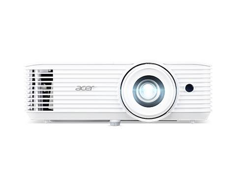 Projecteur blanc avec objectif lumineux, nom de marque 'Acer' visible sur la façade avant, adapté pour les présentations et le home cinéma.