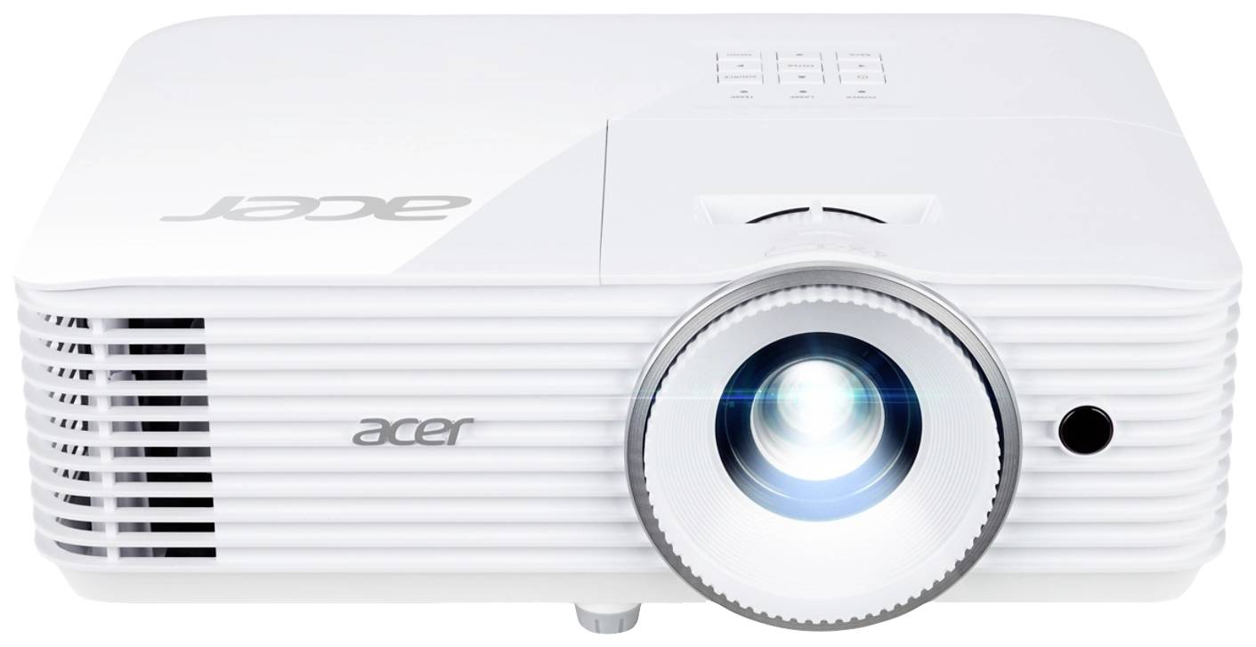 Un projecteur Acer blanc avec un faisceau lumineux allumé sur une surface claire, vu de face.