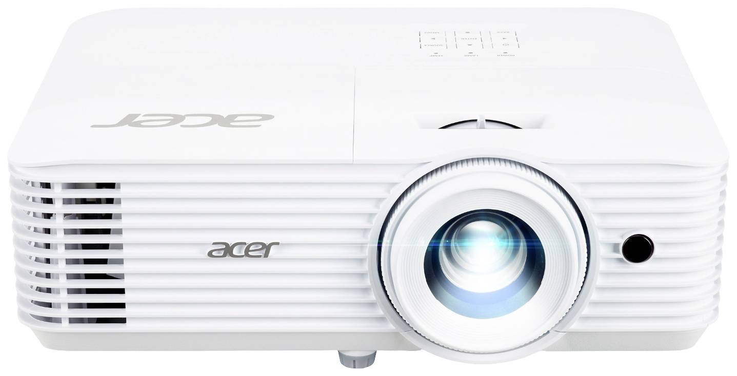Projecteur blanc d'Acer avec objectif lumineux sur fond blanc, adapté aux présentations et au cinéma maison.