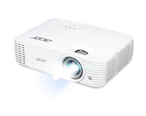 Un projecteur blanc émet de la lumière à travers son objectif. Il présente des ouïes de ventilation et affiche le logo 'Acer' en haut et à l'avant.