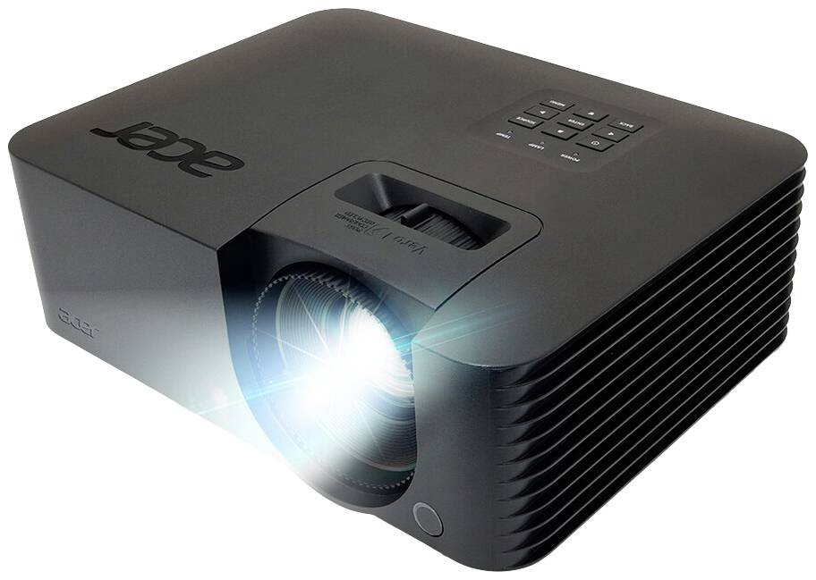 Un projecteur noir projette de la lumière. La marque est visible sur le dessus. Des touches et des fentes de ventilation sont reconnaissables.